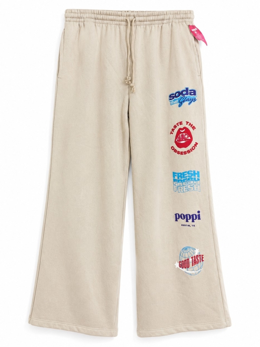 Poppi Stay Juicy Wide Leg Graphic Sweatpants Beige XL NWT